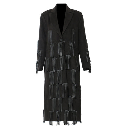 Personalized Faux Leather Tassel Embellished Mid Length Coat Windbreaker Woolen Coat
