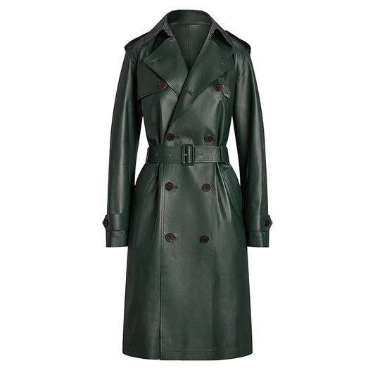 Double Breasted Series Belt Slim Mid Length Leather Wind Coat Coat