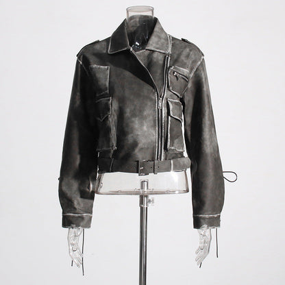 Niche Design Women Short Distressed Washed Leather Coat Asymmetric Zipper Tooling Coat for Women