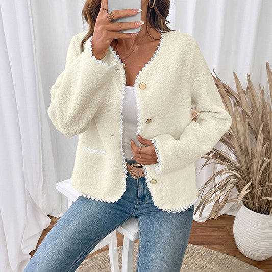 Women Clothing Lace V neck Jacket Coat Classic Autumn Winter Long Sleeve Cardigan Top