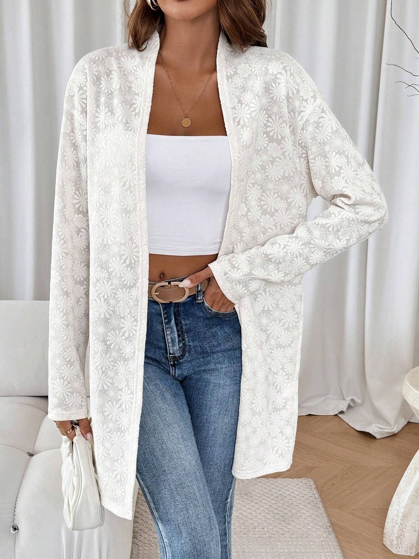 Autumn Winter Elegant Solid Color Knitted Jacquard Long Sleeve Long Cardigan Top Women Coat