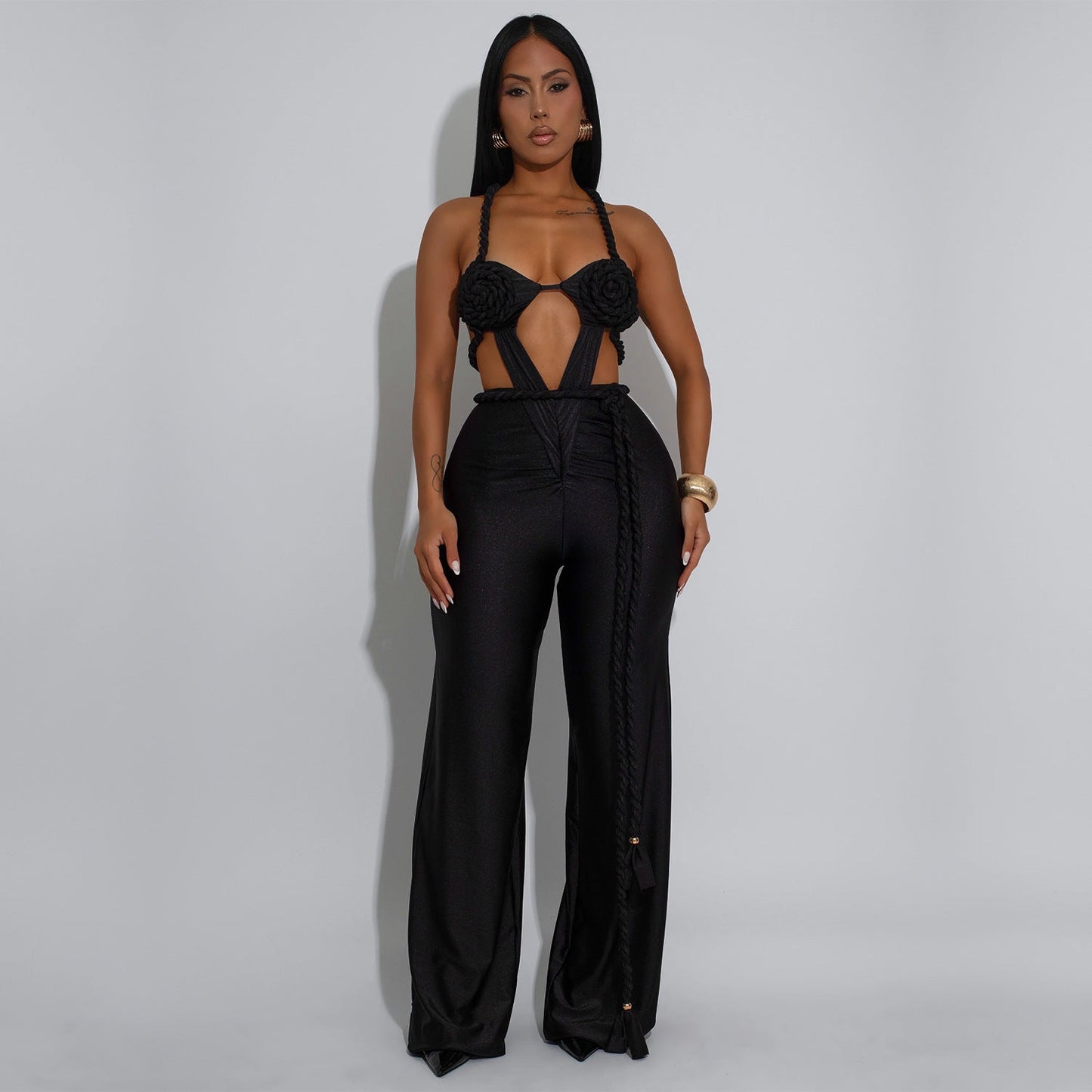 Women Wear Solid Color Sexy Bandeau Backless Lace up Jumpsuit
