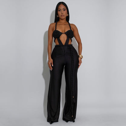 Women Wear Solid Color Sexy Bandeau Backless Lace up Jumpsuit