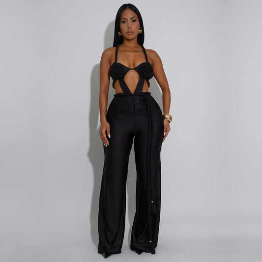 Women Wear Solid Color Sexy Bandeau Backless Lace up Jumpsuit