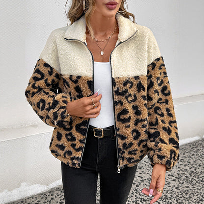 Women Clothing Woolen Jacket Long Sleeved Autumn Winter Leopard Print Wool Warm Polo Collar Top