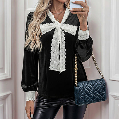 Retro Patchwork Lace Lace Collar Long Sleeve Bow Velvet Shirt Women Autumn Winter