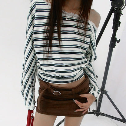 Striped Long Sleeved T shirt for Women Autumn Winter Lace Knitted Top for Women