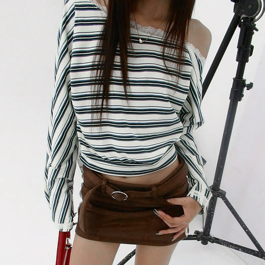 Striped Long Sleeved T shirt for Women Autumn Winter Lace Knitted Top for Women