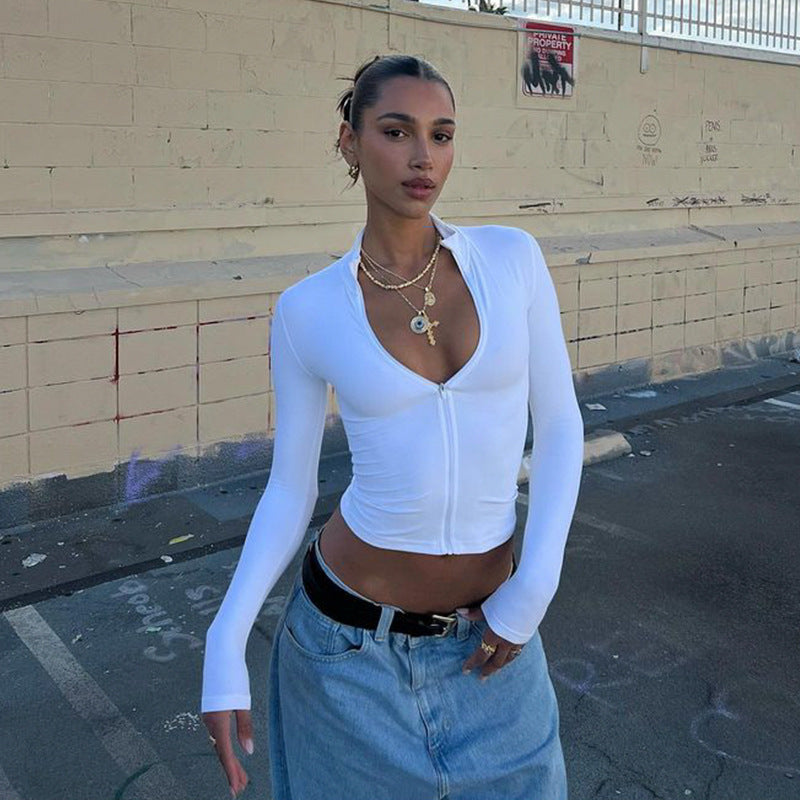 Women Long Sleeve Half Turtleneck Zipper Cardigan Short Tight Sexy Slim Top T shirt