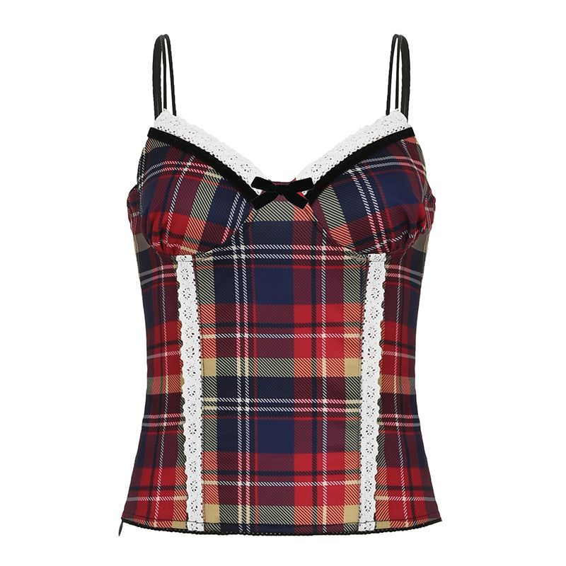 Retro Plaid Printed Lace Double Joint Strappy Bow Contrast Color Boning Corset Slimming Top