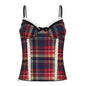 Retro Plaid Printed Lace Double Joint Strappy Bow Contrast Color Boning Corset Slimming Top