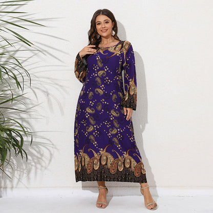 Plus Size Ethnic Loose Maxi Dress Cashew Printed Long Sleeve Dress