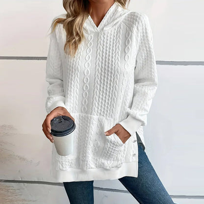 Spring Autumn Women Hooded Sweater Hem Split Solid Color Casual Top