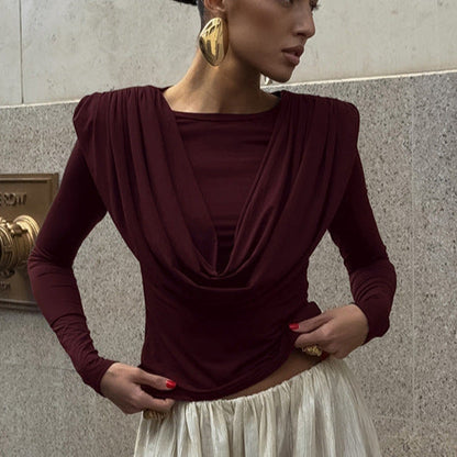 Pleated Waist Tight Swing Collar Long Sleeved T shirt Women Autumn Winter Beautiful Bottoming Top
