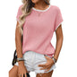 Women Round Neck Collar with Contrast Color Top Sweater with Short Sleeves