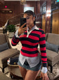 Retro Trend Loose Casual Striped Contrast Color Lapels Polo Shirt Top Sweater Women