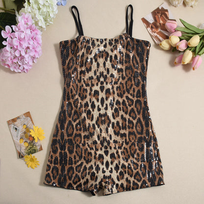 Girls Sequin Leopard Strap Backless Sexy Cutout Tight Cover Jumpsuit