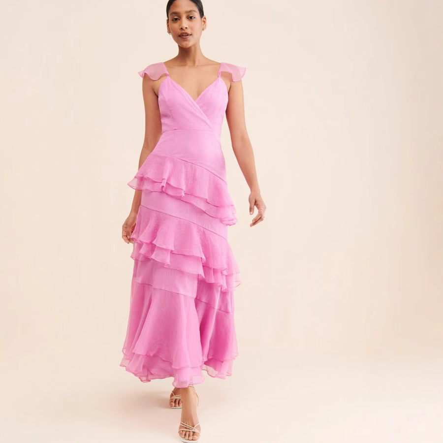 Dress Women Wear Sexy Strap Backless Tiered Dress Pink Dress