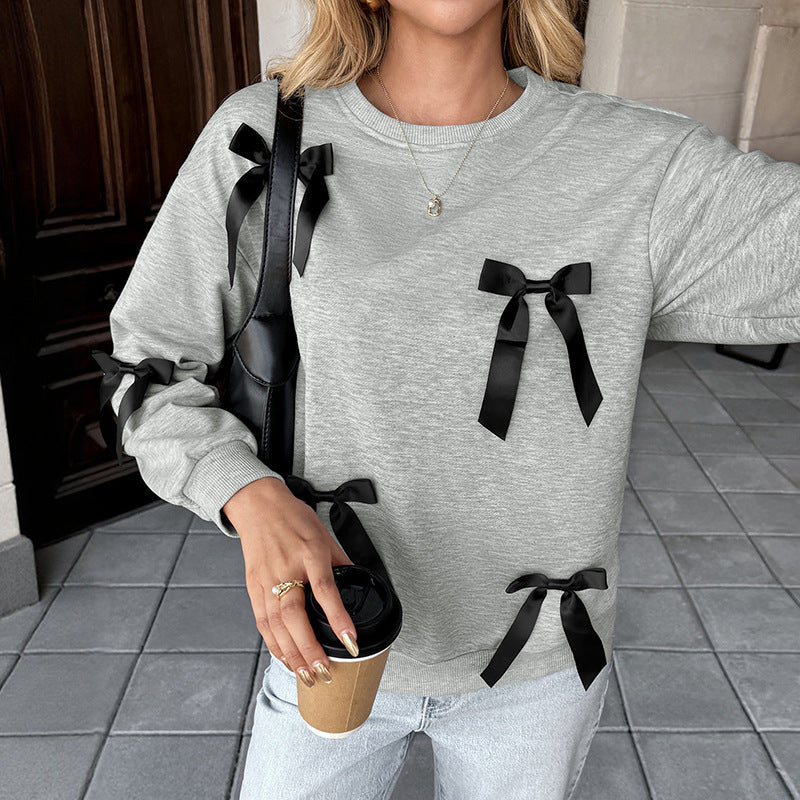 Autumn Casual Sweet Top Bow Decoration Gray round Collar Sweater Women