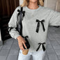 Autumn Casual Sweet Top Bow Decoration Gray round Collar Sweater Women