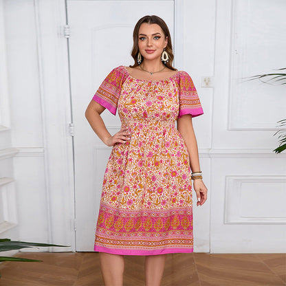 Plus Size Women Clothing Short Sleeve Bohemian Dress Holiday Beach Dress Summer