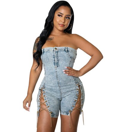 Women Clothing Spring Wear Copper Chain Sexy off the Shoulder Denim Dress Romper