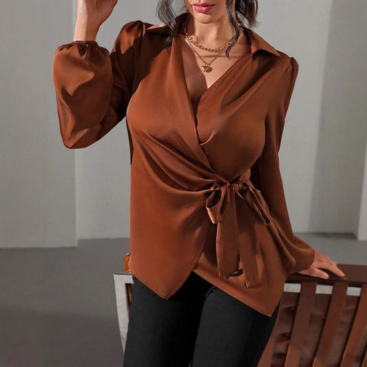 Women Autumn Winter Long Sleeved Satin Shirt Lace up Cinched Blouse Top
