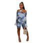 Women Clothing Nightclub Sexy Transparent Mesh Floral Print Bell Sleeve off Shoulder Jumpsuits