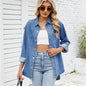 Women Clothing Washed Loose Long Sleeve Snap Fastener Denim Lining