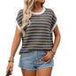 Women Clothing Summer round Neck Knitted Top Casual Striped Contrast Color Sweater