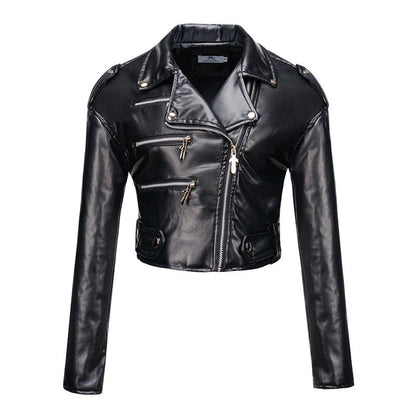 Women Leather Jacket Slim Fit Short Cotton High Waist Long Sleeve Collared Oblique Zipper Leather Jacket Faux Leather Women Motorcycle Clothing
