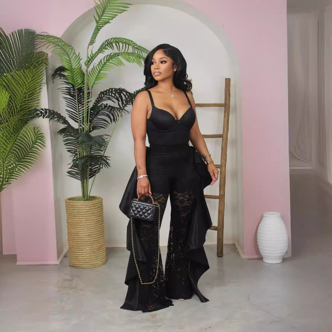 Women Clothing Lace Pants Ruffled Sexy See through Trousers