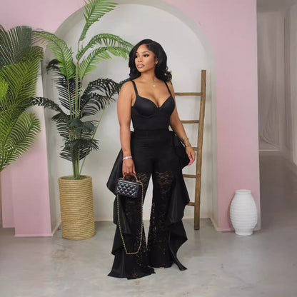 Women Clothing Lace Pants Ruffled Sexy See through Trousers