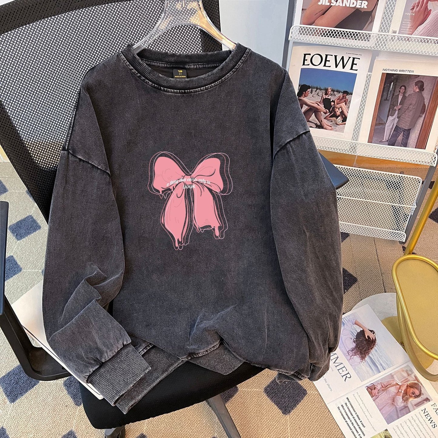 Vintage Fleece-Lined Composite round Neck Sweater Women Younger Washed Distressed Loose All Matching Thickened Top