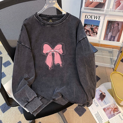 Vintage Fleece-Lined Composite round Neck Sweater Women Younger Washed Distressed Loose All Matching Thickened Top