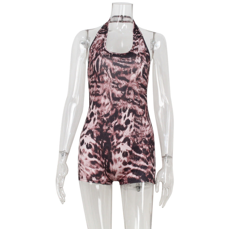 Sexy Low Cut U Collar Halter Backless Sexy Leopard Print Tight Fitting Cinched Shaping Jumpsuit Shorts Women