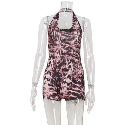 Sexy Low Cut U Collar Halter Backless Sexy Leopard Print Tight Fitting Cinched Shaping Jumpsuit Shorts Women