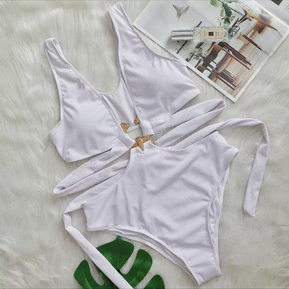 Bikini Sexy Deep V Plunge neck Metal Strap Women Swimsuit High Waist Bathing Suit