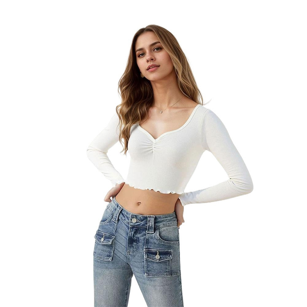 Cropped Long Sleeve Bottoming Shirt Slim T shirt Square Collar Sexy Women Clothing Top