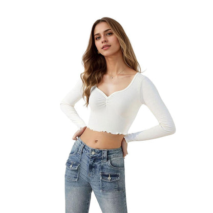 Cropped Long Sleeve Bottoming Shirt Slim T shirt Square Collar Sexy Women Clothing Top
