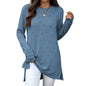 Autumn Winter Solid Color round Neck Loose Long Sleeve Split T shirt Top Women