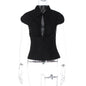 Women Clothing Autumn Winter Sexy Cardigan Breasted Collared Short Sleeve T shirt Top
