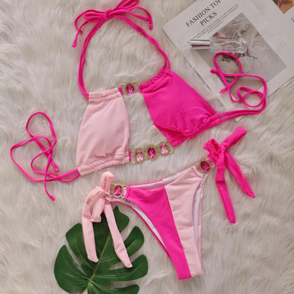 Baizi Crystal Diamond Bikini Sexy Patchwork Strap Women Split Swimsuit