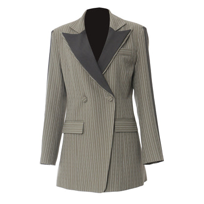 Autumn Winter Heavy Industry Stitching Contrast Color Double Layer Collar Tight Waist Slimming Blazer Top
