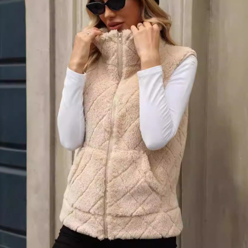 Women Clothing Autumn Winter Cardigan Zipper Loose Diamond Lattice Coat Plush Vest