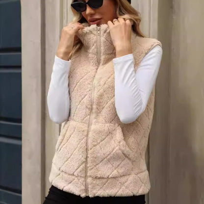 Women Clothing Autumn Winter Cardigan Zipper Loose Diamond Lattice Coat Plush Vest