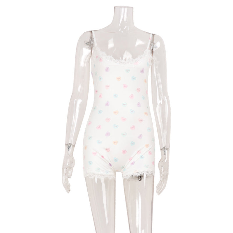 Women Lace Slim Fit Patchwork Strap Floral Jumpsuit Shorts Sweet Women