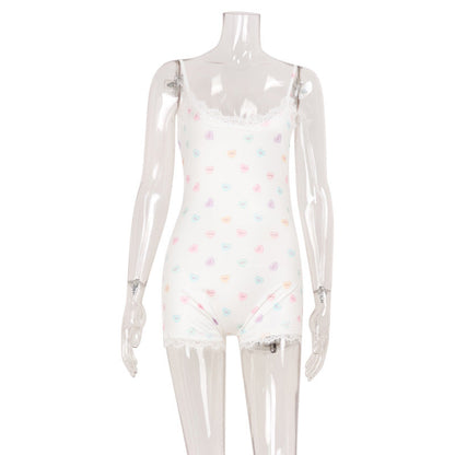 Women Lace Slim Fit Patchwork Strap Floral Jumpsuit Shorts Sweet Women