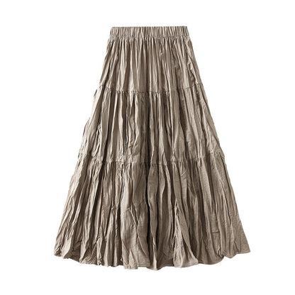 Retro Draped Dress Big Swing Mid Length Skirt Autumn Patchwork Tiered