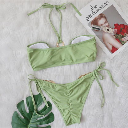 New Sexy Swimsuit Metal Accessories Hollow Out Cutout Bikini Solid Color Tube-Top Strap Women Swimsuit